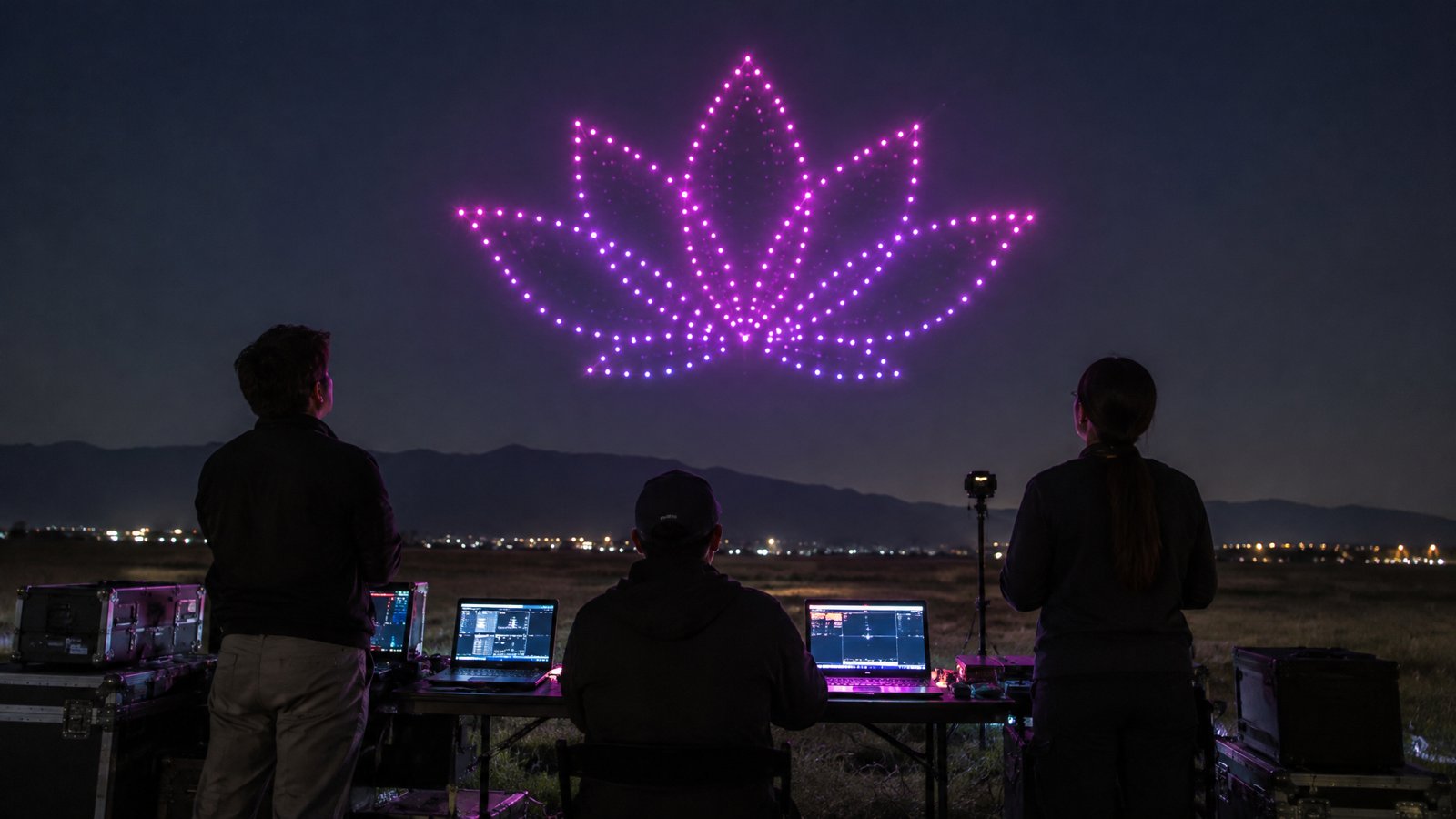 Drone show crew at a ground control station watching a glowing drone formation in the night sky